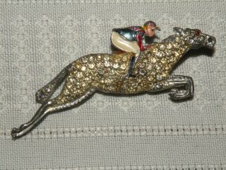 Vintage Equestrian Horse Pin Enameled Jockey Riding Rhinestone Racehorse Brooch 3