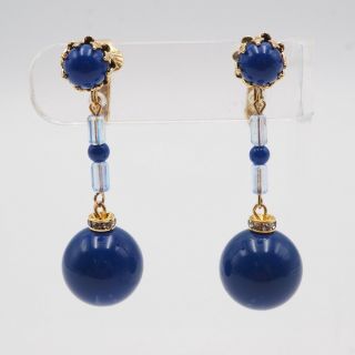 Vintage Estate Vendome Gold Tone Blue Acrylic Ab Clip On Drop Dangle Earrings