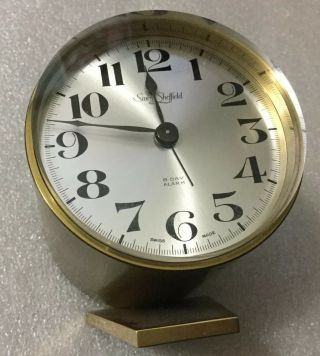 Vintage Swiza Sheffield 8 Day Alarm Clock Travel Bedside Swiss Drum Shape Brass