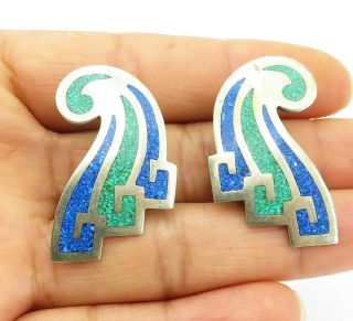 Mexico 925 Silver - Vintage Crushed Turquoise Non Pierce Clip On Earrings - E6333