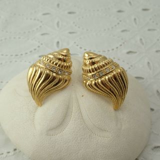 Vintage Kjl For Avon Clear Rhinestone Conch Shell Pierced Gold Tone Earrings