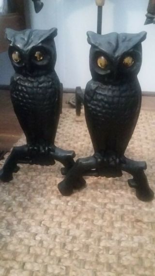 Antique Solid Cast Iron Large Owl Andirons Firewood Holder
