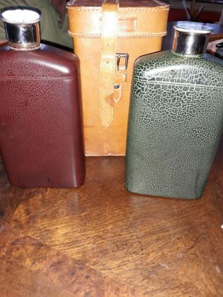 Vintage Flask Set By Stanley Insulating Company In Leather.  Green & Brown Metal