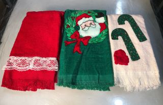 Vintage Christmas Hand Towel Set Of 3 Santa Lace Candy Canes Cannon Hilasal