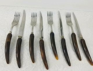 Set Of 4 Vintage Knife Forks With Plastic Handles Horn Shaped Brown Color