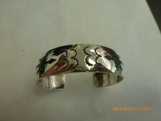 Vintage Navajo Old Pawn Turquoise And Coral Inlay Sterling Silver Cuff Bracelet