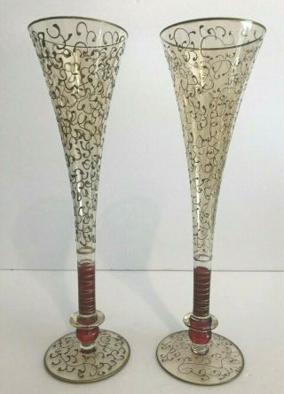 Vintage Pair Iridescent Hand Painted Champagne Flutes Red Ball Stems 10.  75 "