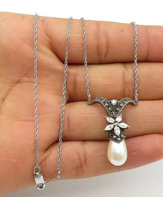 Judith Jack 925 Silver - Vintage Pearl Marcasite & Topaz Chain Necklace - N2737