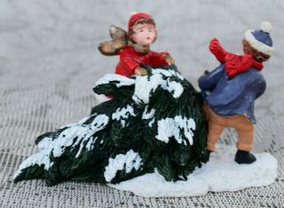 Mervyn ' s Christmas Village Figurine Kids Pulling Christmas Tree in Snow Vintage 3
