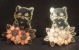 Vintage Cloisonne Black Cat Flower Post Stud Earrings