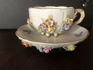 Meissen Porcelain Footed Demitasse Cup And Saucer.  Fine