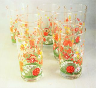 Vintage 1970s Drinking Glasses Yellow Orange Flowers Set Of 7