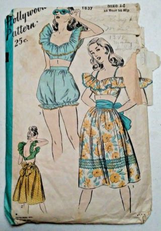 Hollywood 1837 Sunsuit Bra Skirt Bloomers Size 14 Vintage Sewing Pattern Cut