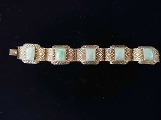 Antique Chinese Gold Gilt Solid Silver And Green Jade Panel Bracelet Stunning