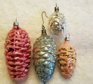 4 - Vintage Mercury Glass Mica Pine Cone Acorn Christmas Holiday Ornaments