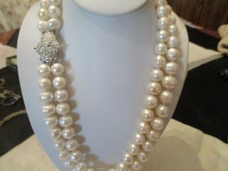 Vintage Large Sterling Silver Pave Cz Clasp Double Strand Fresh Water Pearls 9.  5