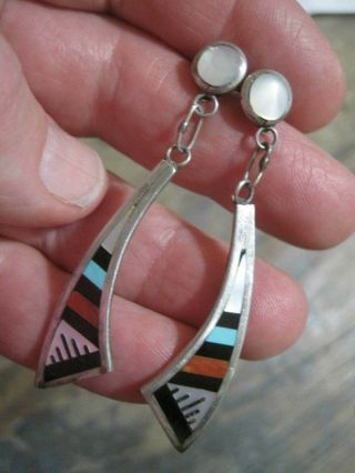 Vintage Zuni Native Southwest Sterling Silver Turquoise Inlay Dangle Earrings S