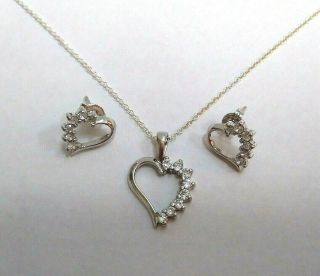 Vintage 925 Sterling Silver Heart Pendant Necklace & Earrings Set 18 " Chain