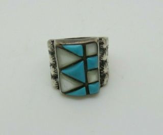 Vintage Southwestern Old Pawn Sterling Silver Turquoise Mother Pearl Ring 10