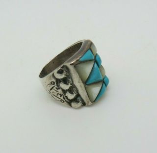 VINTAGE SOUTHWESTERN OLD PAWN STERLING SILVER TURQUOISE MOTHER PEARL RING 10 2
