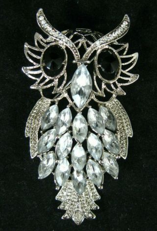Large Vintage Hoot Owl Silver Plated Clear Crystal Rhinestone Brooch Pin 3x1.  5 "