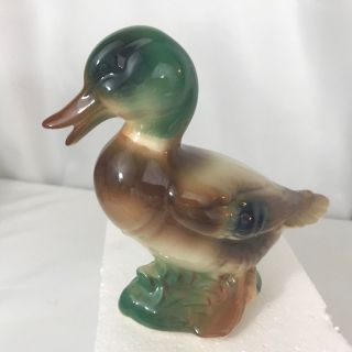 Vintage Ceramic Green Headed Mallard Duck Figurine 6 " Tall Brown Glossy Bird
