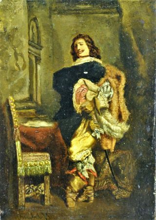 Antique Portrait Of Musketeer,  Oil On Board,  Signed Illegibly.  (bi Mk/191217)