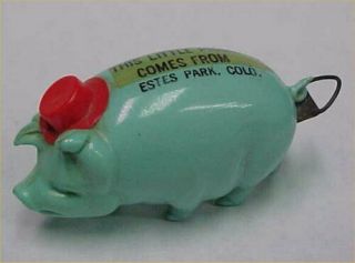 Vintage Celluloid Pig Tape Measure This Little Pig.  Estes Park Co Japan Aqua