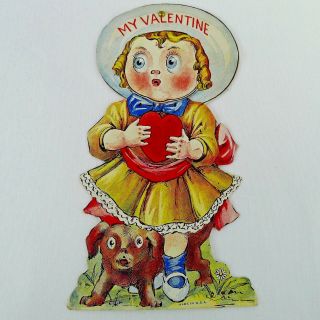 Vintage Mechanical Valentine Cute Girl With Dog Big Cut Out Moving Eyes U.  S.  A.