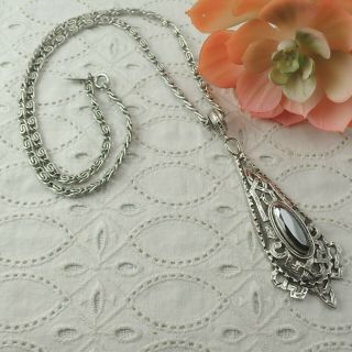 Vintage Whiting Davis Marcasite Pendant 24 " Silver Tone Paperclip Chain Necklace
