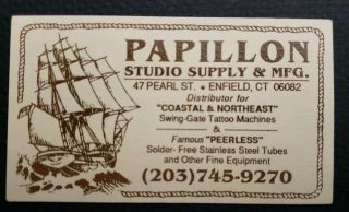Vintage 70s Tattoo Business Card Clipper Papillion Supply Enfield Connecticut