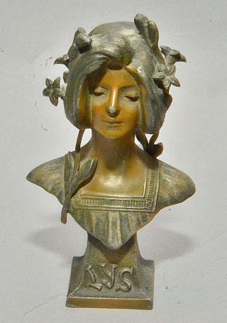 Antique French Art Nouveau Miniature Spelter Bust Of Young Maiden Named Lys Lily
