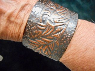Authentic Vintage Cuff Bracelet W/copper Tone Embossed Leaf Design Oversize