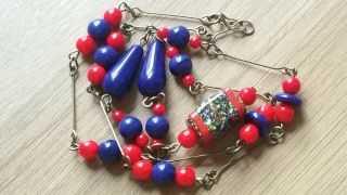 Czech Red And Blue Glass Bead Tassel Necklace Vintage Deco Style