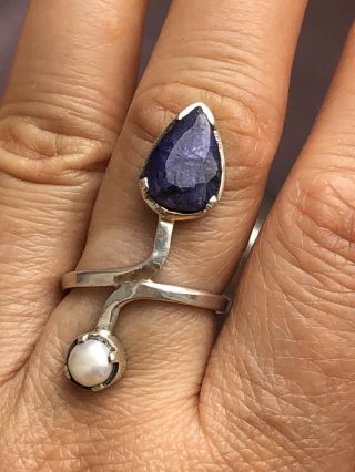Vintage 925 Mark Sterling Silver Pearl Blue Gem Ring,  Uk Size M