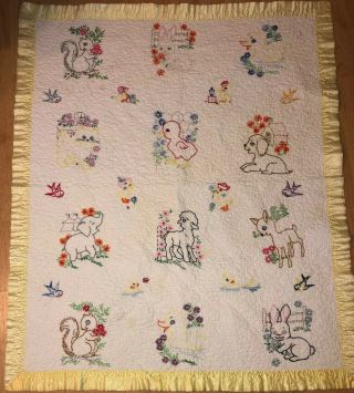 Vintage Baby Quilt Embroidered Blanket Nursery Rhyme Hand Made 33” X 41”