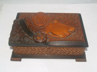 Antique Victorian Folk Art Wood Carved Dog Figural Jewelry Desktop Trinket Box
