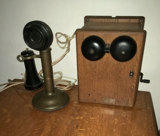 Antique Western Electric Candlestick Telephone And Oak Ringer Box