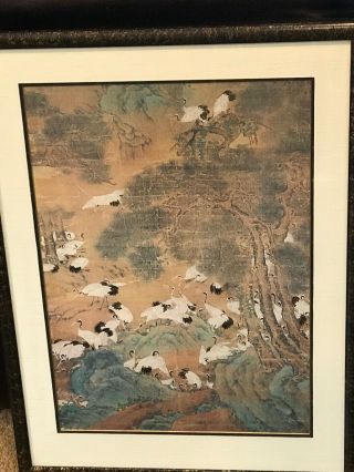 Antique Chinese Watercolor Painting On Silk 32x24 Flight Of The Cranes