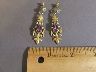 Vintage Art Nouveau Gold Tone And Purple Stone Dangle Screw Back Earrings