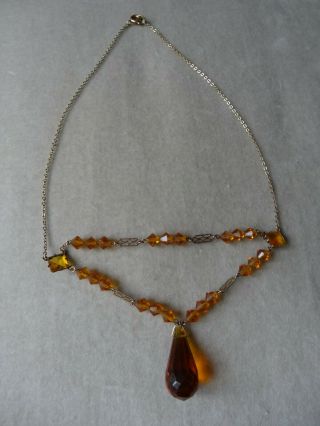 Vintage Jewellery Art Deco Faceted Amber Crystal Drop Pendant Necklace