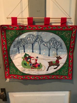 Vintage Felt Bucilla Christmas Wall Hanger Banner Santa Sleigh Completed