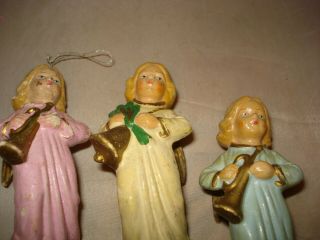 3 Vintage Paper Mache Christmas Angel Musician Figurines Pastels 3 3/4 "