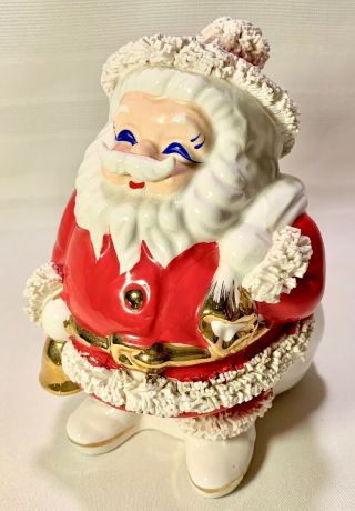 Vtg 1950s Christmas Ceramic Santa Claus Bank W/gold Bell Toy Sack Spaghetti Trim