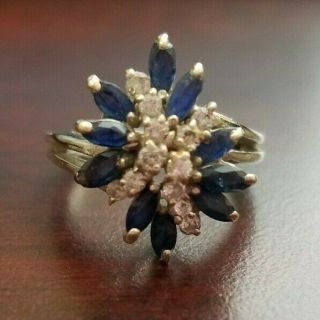 Antique 14k White Gold Blue Sapphire And Diamond Cocktail Ring Size 7.  5