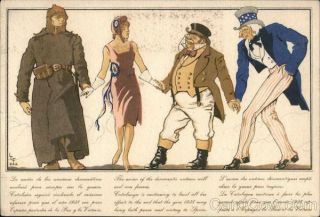 Patriotic Uncle Sam Holding Hands With Two Men And A Woman Postcard Vintage