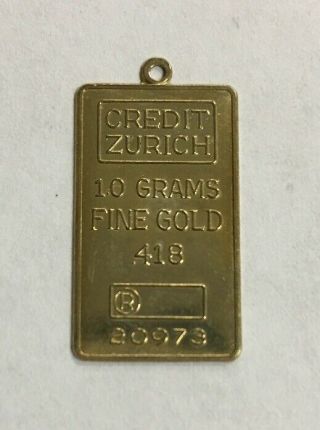 Vintage Credit Zurich 1 Gram.  418 Gold Bullion Bar Pendant Charm