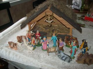Vintage 21 Piece Nativity Set,  Handmade Lighted Stable Made In Italy