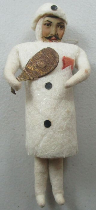 Antique German Cotton Christmas Ornament - Man With Scrap Face Holding Racket