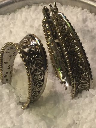 Vintage Signed 925 Sterling Silver Filigree U - Shape Hoop 1 1/8 " Earrings